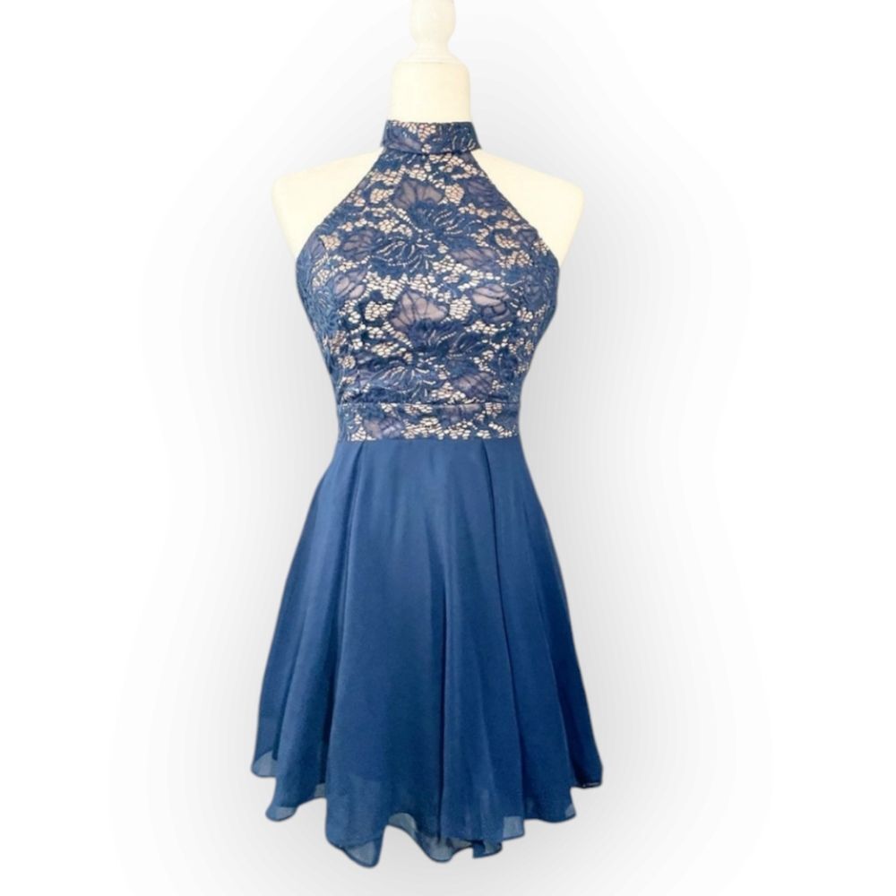 B. Smart Navy Sequined Lace Open Back Halter Skater Mini Dress 13